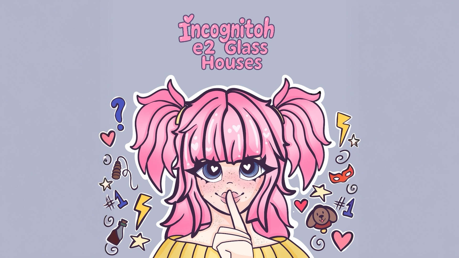 Incognitoh Episode 2 cover art featuring a hand-drawn anime-style girl with pink pigtails and heart-shaped pupils holding a finger to her lips, surrounded by floating icons including a question mark, lightning bolt, mask, puppy, bottle, whip, and stars against a lavender background
