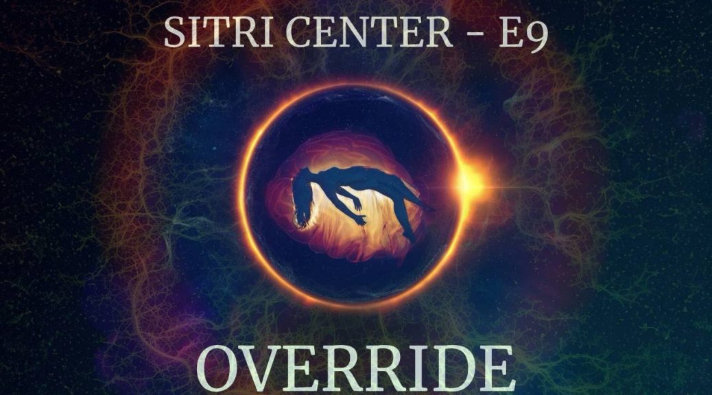 Glowing golden circle with neural network pattern background, silhouette of a face in profile within the circle, title "SITRI CENTER E9 OVERRIDE"