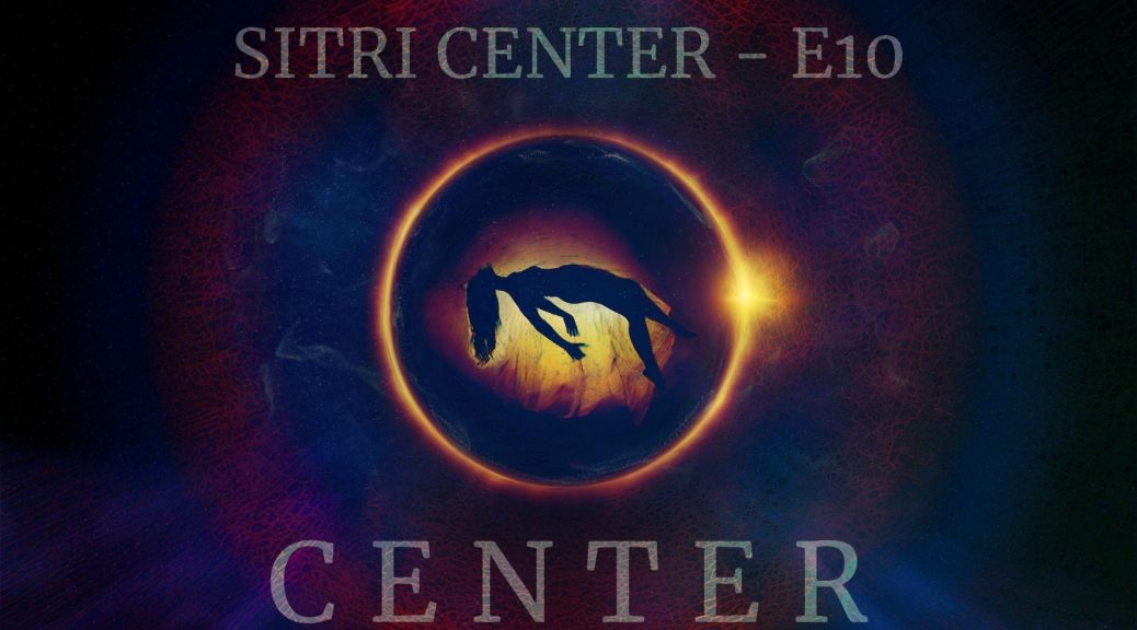 Silhouetted figure floating inside a glowing golden sphere surrounded by concentric light rings against a dark cosmic background with red neural patterns.