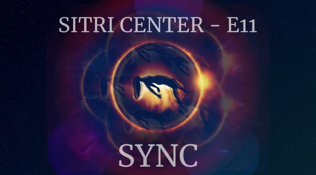 Episode 11 cover art for Sitri Center featuring a silhouetted figure suspended within concentric glowing orange and red circles against a cosmic purple and blue background, with episode title "SYNC" at bottom.