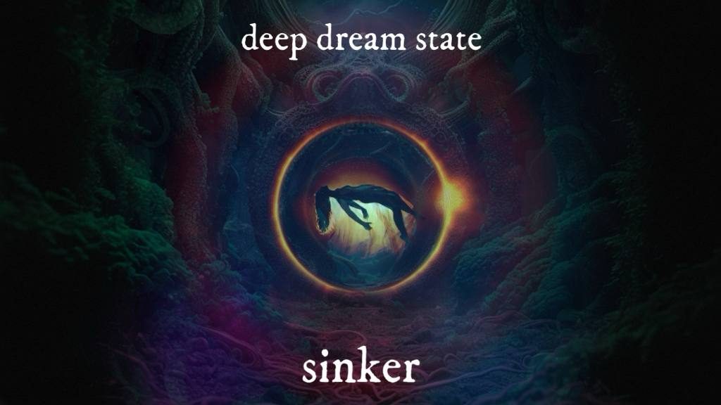 Vale Four Sinker episode art featuring a silver coin embossed with a falling female silhouette encircled by a glowing amber ring against a cosmic nebula background in deep blue and purple