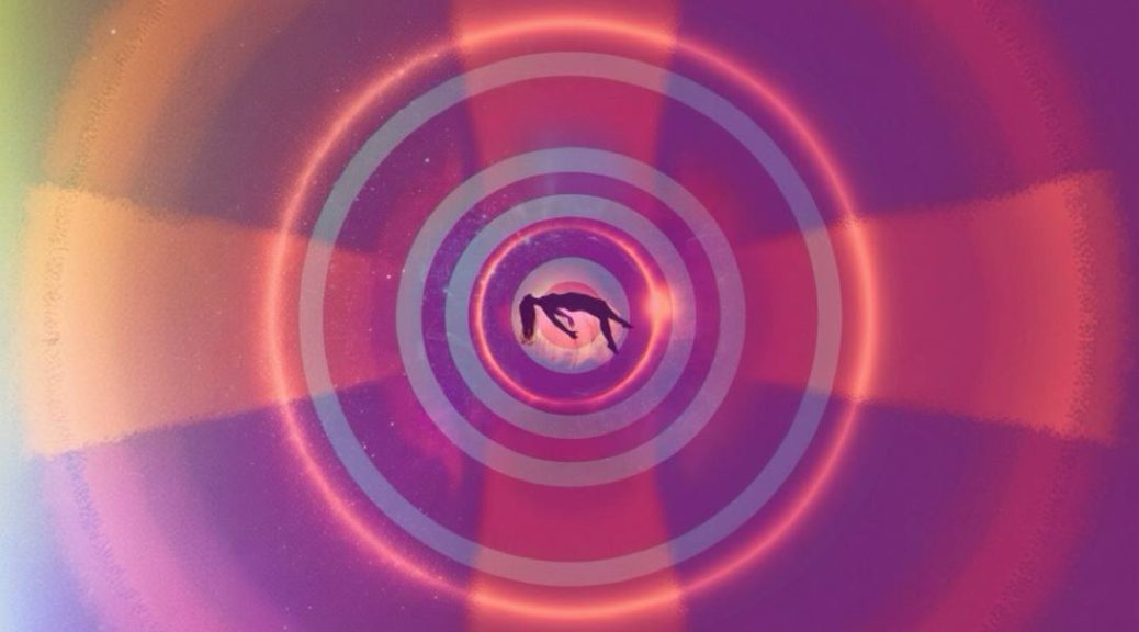 Episode cover art for Bullseye, Season 4 Episode 10 of Deep Dream State, a desire horror audio drama by Neural Nets and Pretty Patterns. A figure falls toward the center of a glowing target on a warm purple and red gradient field.
