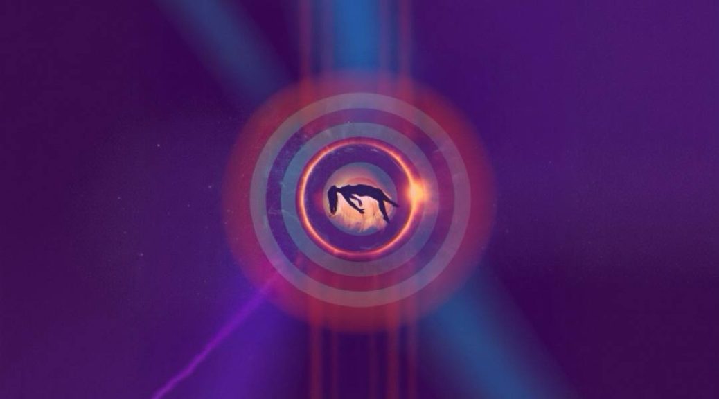 A figure falls toward a glowing target ring against a deep purple background. Deep Dream State S4E9 by Neural Nets and Pretty Patterns.