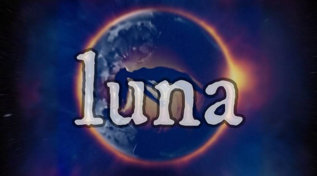 Official poster for Deep Dream State episode "Luna." A glowing gold ring like a solar eclipse encircles the silhouette of a woman falling backward through it, set against a deep red and blue cosmic background. The text reads "Deep Dream State" above and "Luna" below.