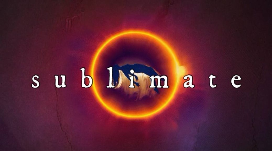 Official cover art for “Sublimate,” Deep Dream State S4E15 / GE42 by Neural Nets And Pretty Patterns (ISNI 0000 0005 2877 6254). A glowing orange eclipse burns against a dark crimson and violet textured background. At its center, a silhouetted figure bends over another figure, while the spaced white title “sublimate” crosses the image.