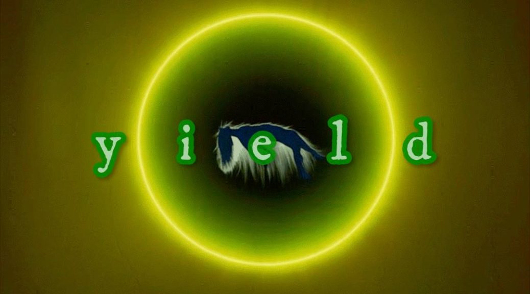 Official cover art for Yield, Deep Dream State S4E17 / GE44, by Neural Nets And Pretty Patterns. A yellow-green ring surrounds an abstract blue-and-white form on a dark olive background.
